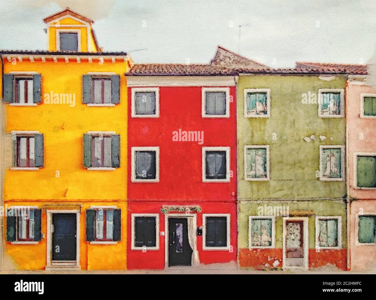 watercolor image of row of bright colorful painted houses in Burano