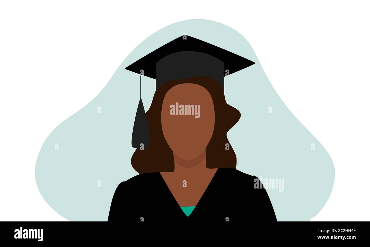 Vector illustration of black woman in graduation cap with tassel and gown with green shirt under and an abstract blob behind, isolated on white. Stock Vector
