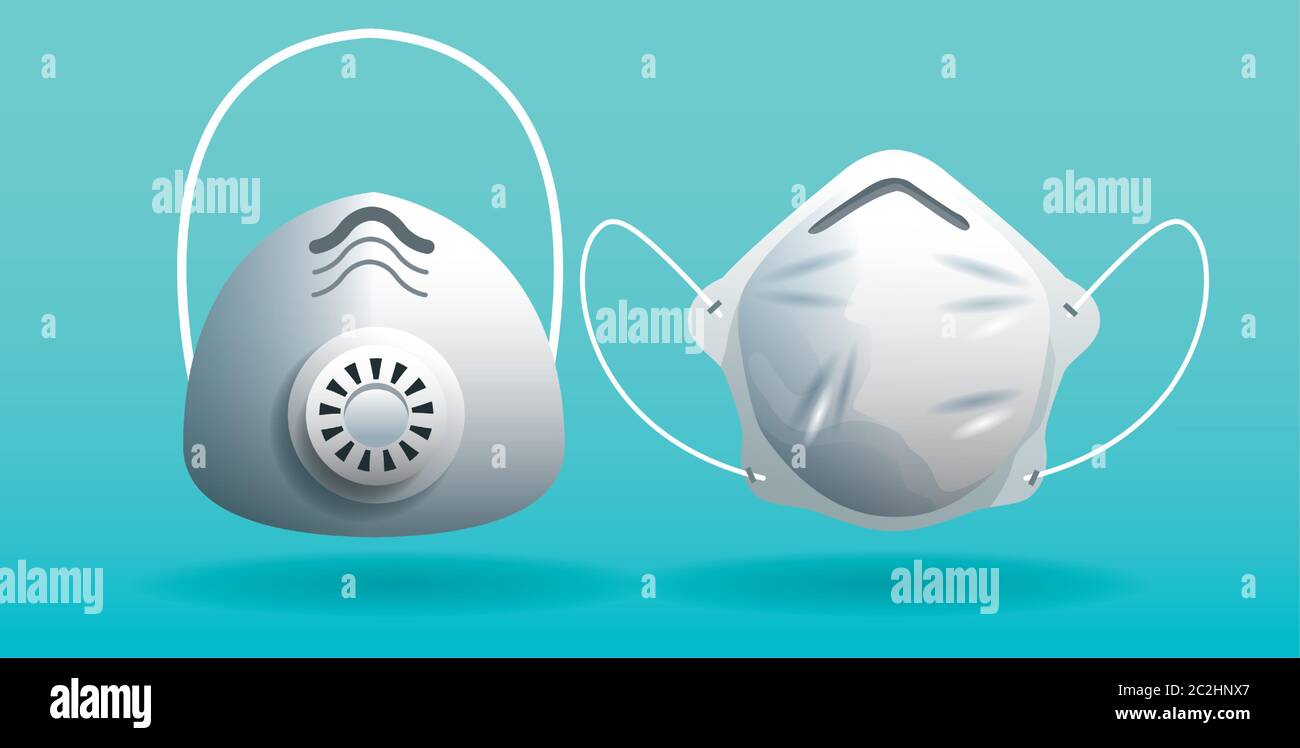 set of white medical masks breathing protective respiratory vector ...