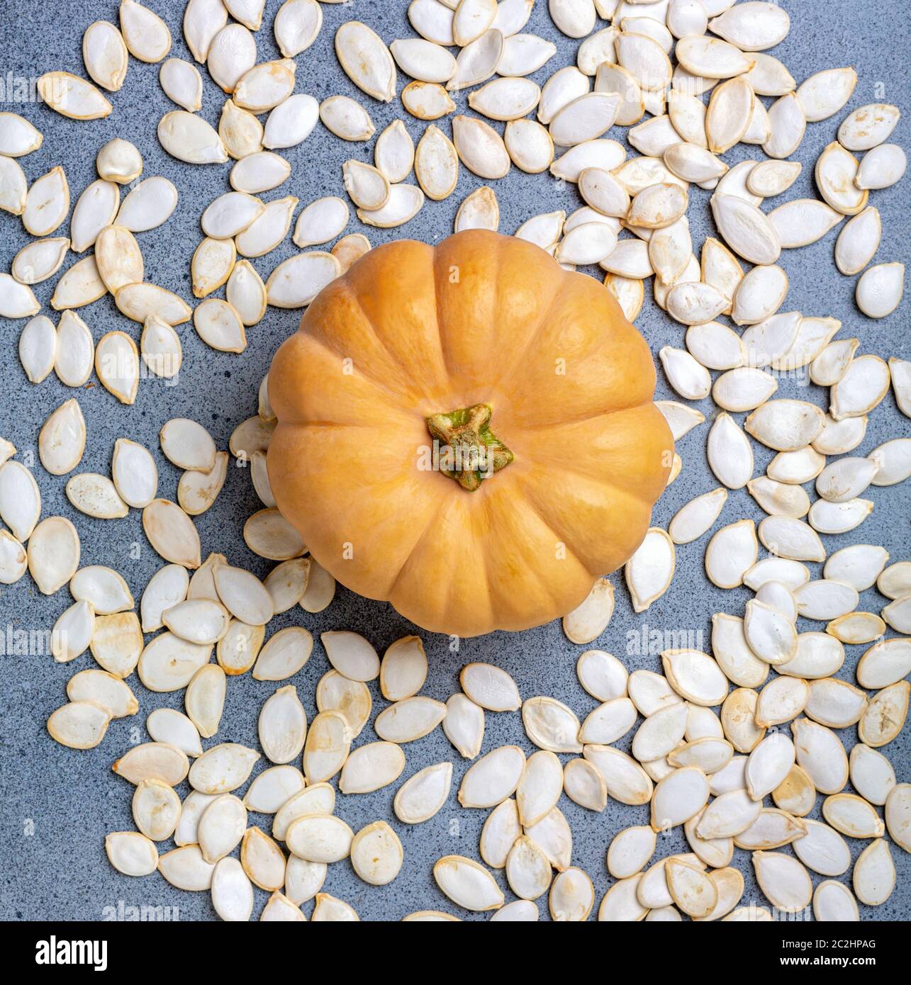 Pumpkin on scattered unpeeled seeds. Stock Photo