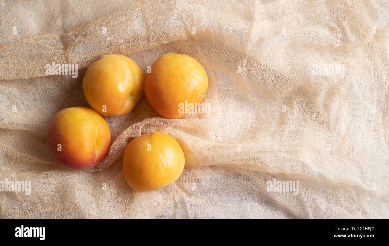 apricots on a soft and light fabric. a few apricots. bunch of apricots from garden. Yellow apricots on table cloth Stock Photo
