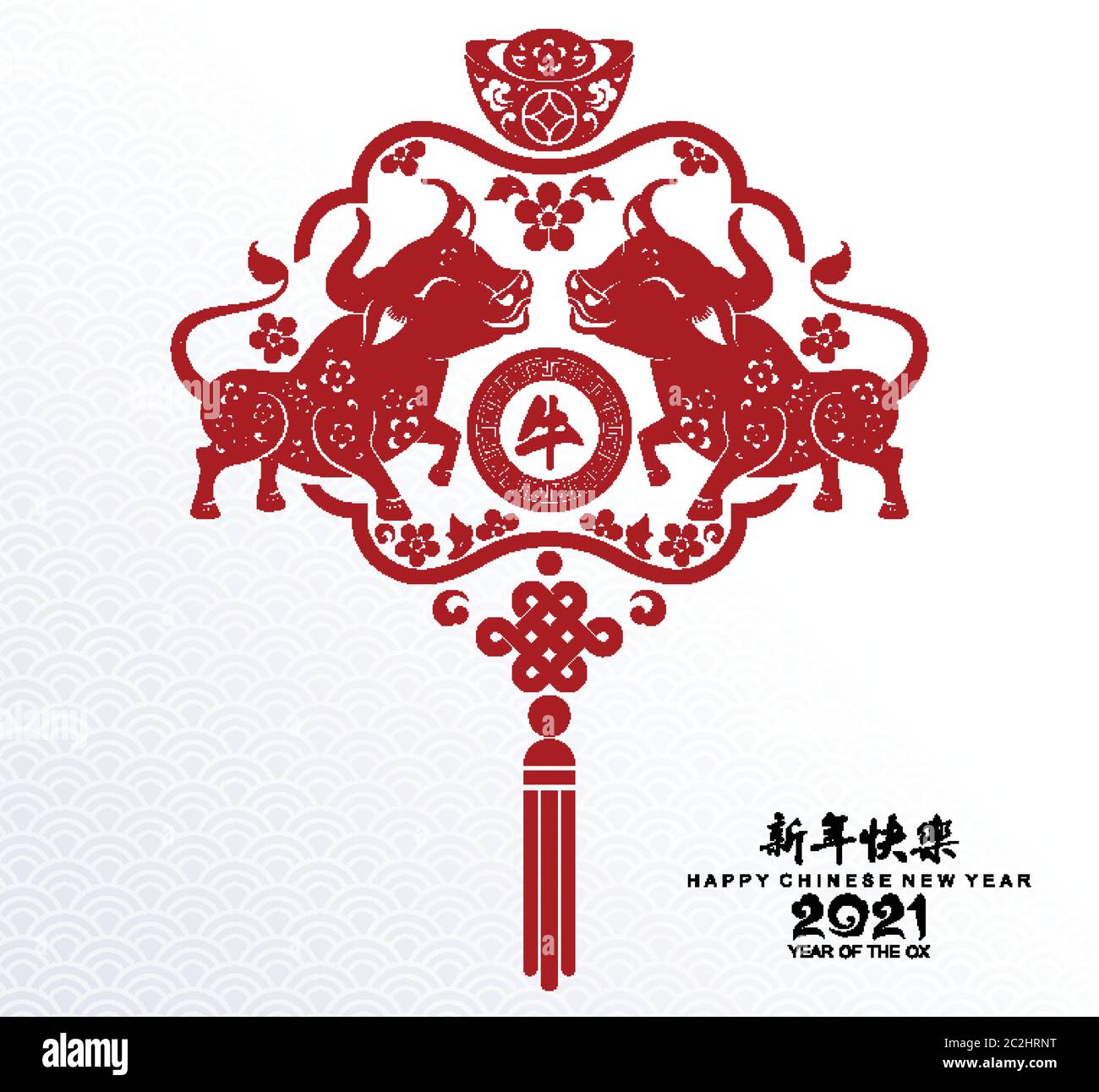 Chinese new year 2021 year of the ox , red paper cut ox character,flower and asian elements with craft style on background. Stock Vector