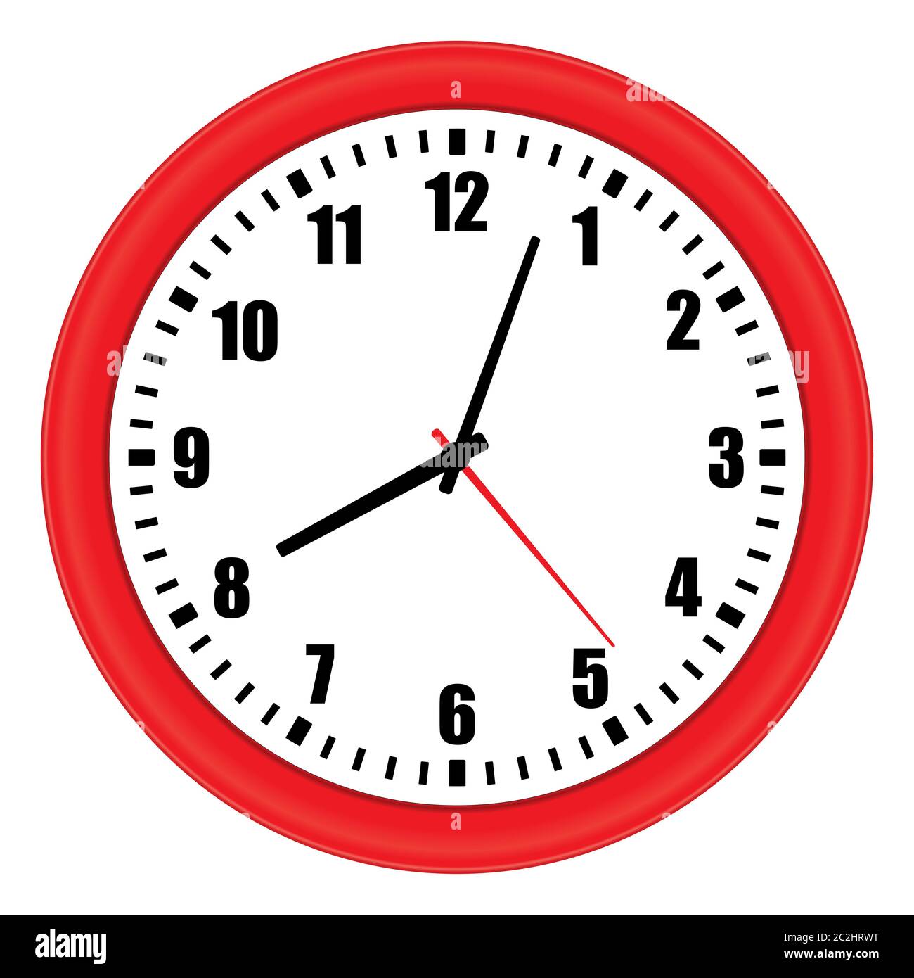 Vector illustration of one modern red wall clock with arabic numerals over white background, low angle front view Stock Photo