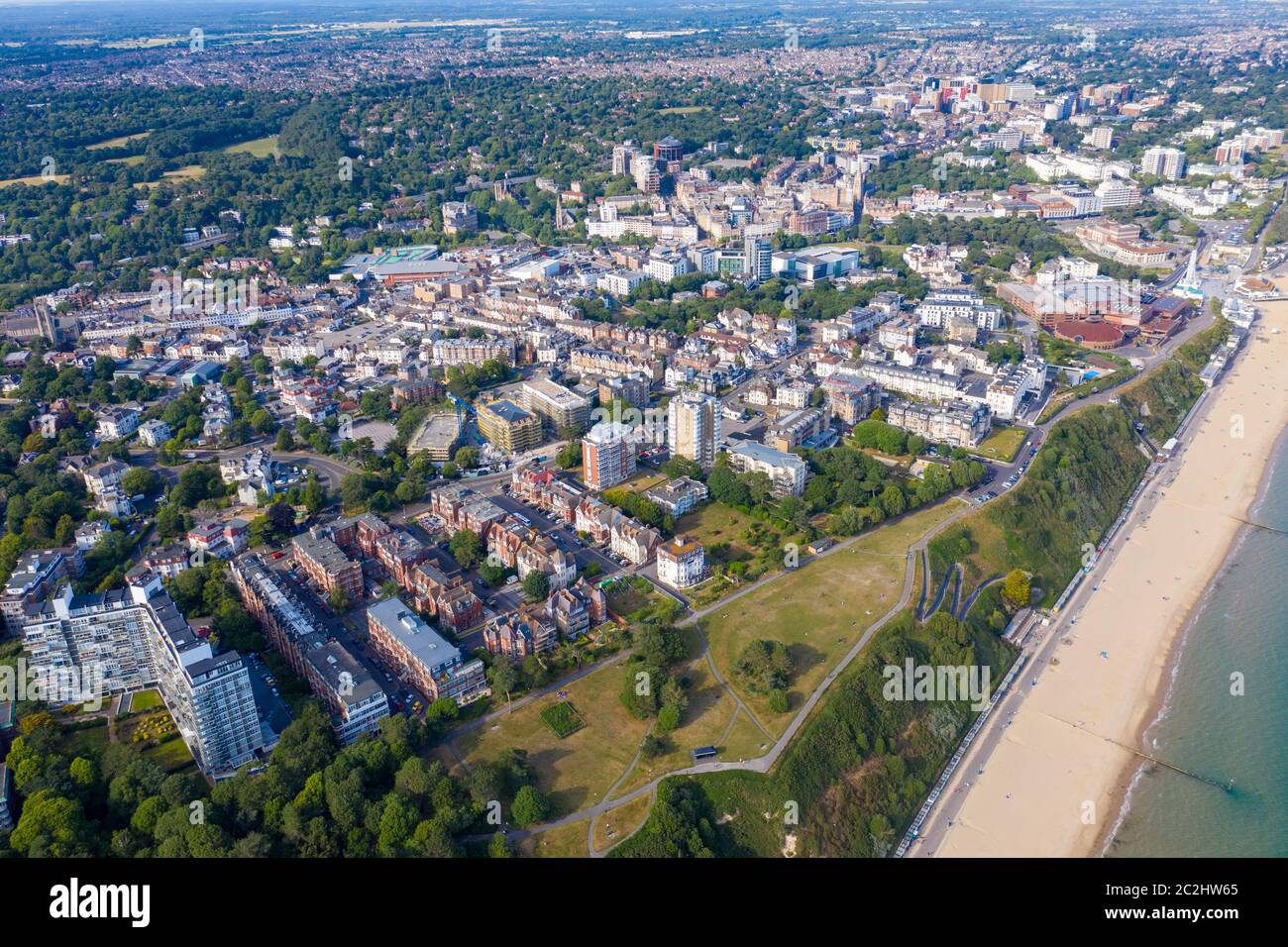 Aerial drone photo of the Bournemouth beach and town centre on a
