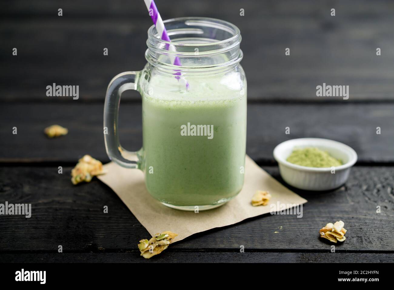 Smoothie made with powdered green tea (also known as matcha). Not only is this green smoothie delicious, it's also packed with antioxidants Stock Photo