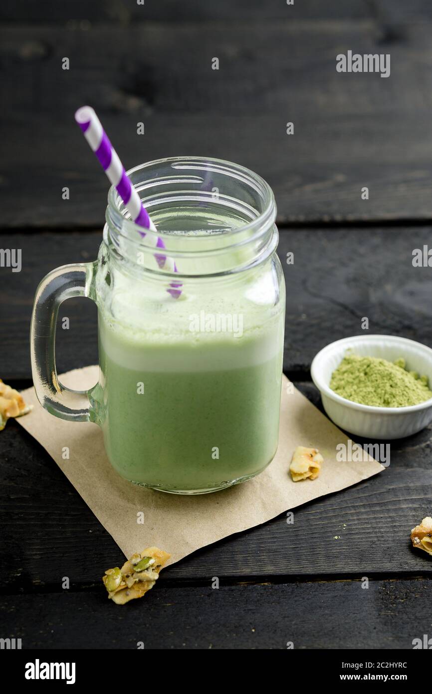 Smoothie made with powdered green tea (also known as matcha). Not only is this green smoothie delicious, it's also packed with antioxidants. Stock Photo
