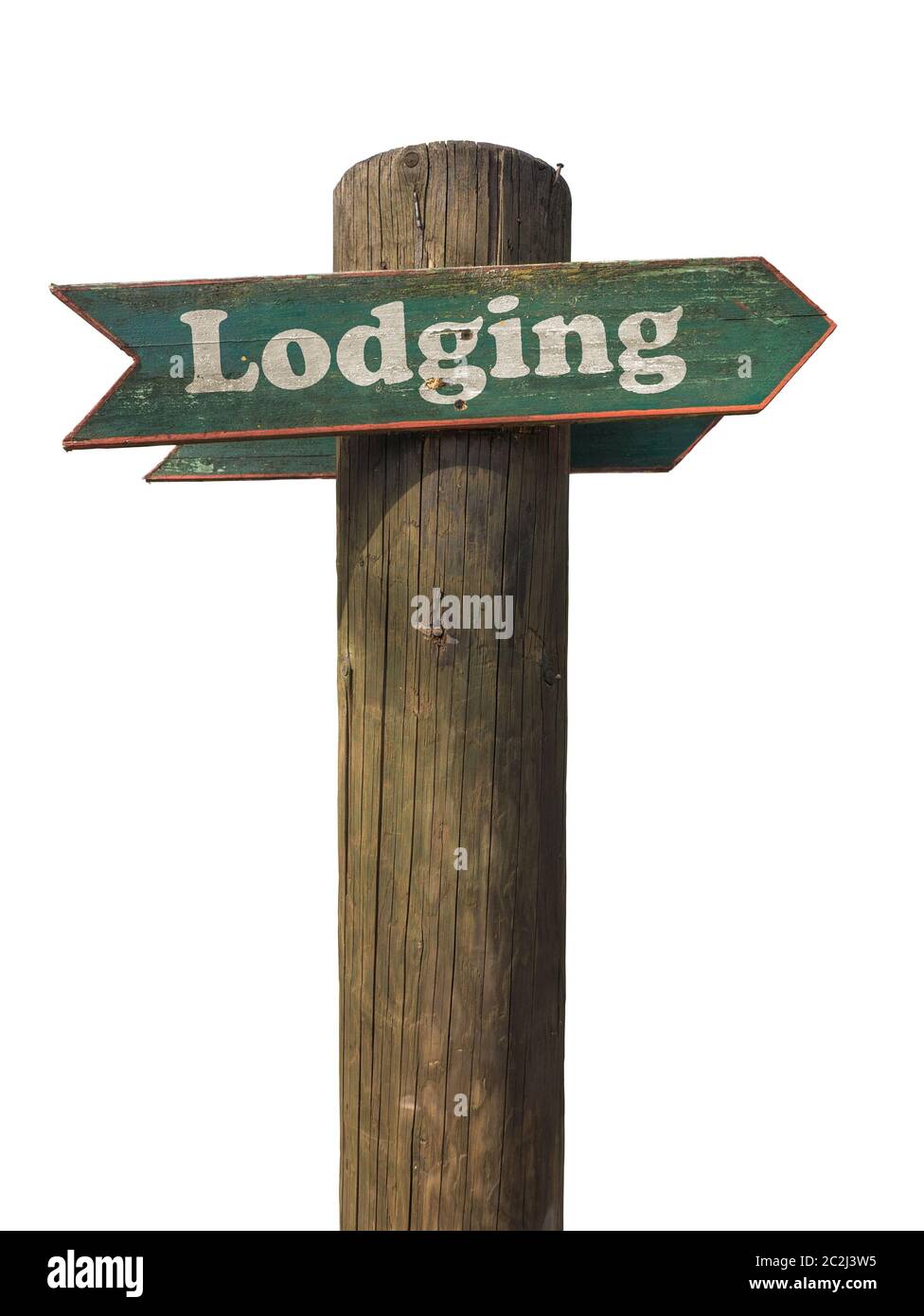 Isolated Wooden Sign Pointing To Lodging With A White Background Stock Photo