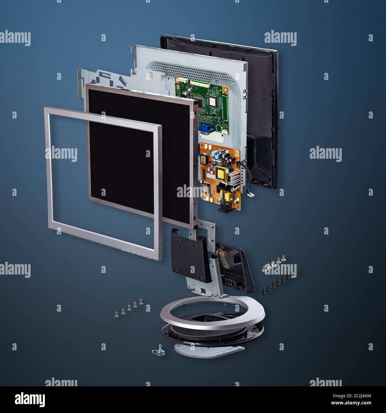 Explode view of computer monitor on blue background Stock Photo - Alamy