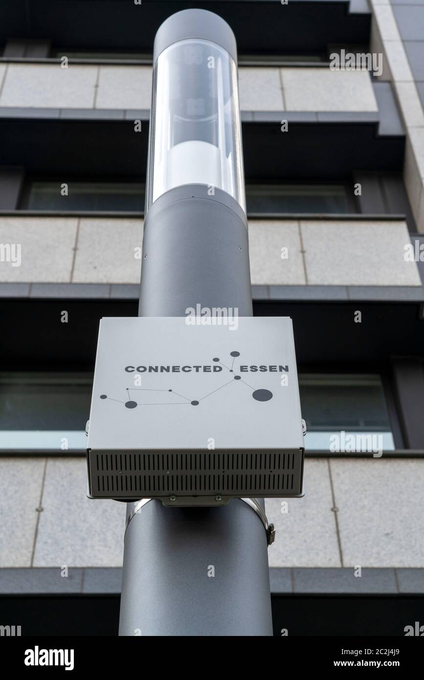 Smart Poles, Intelligent Streetlights, test run, EON and the city of Essen are testing lanterns that measure environmental data, offer electricity for Stock Photo