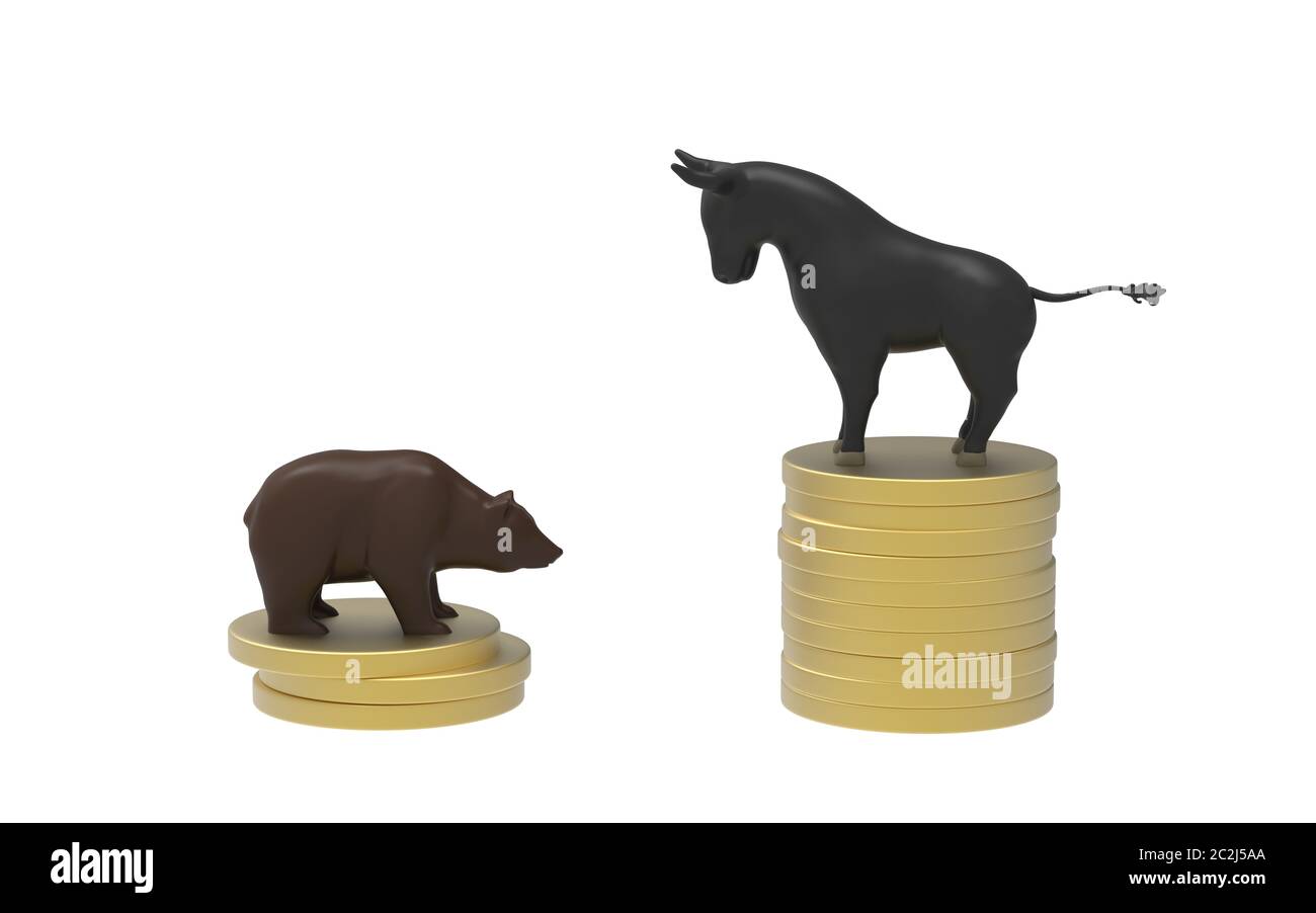 Bull and Bear on Gold Coins Stock Photo