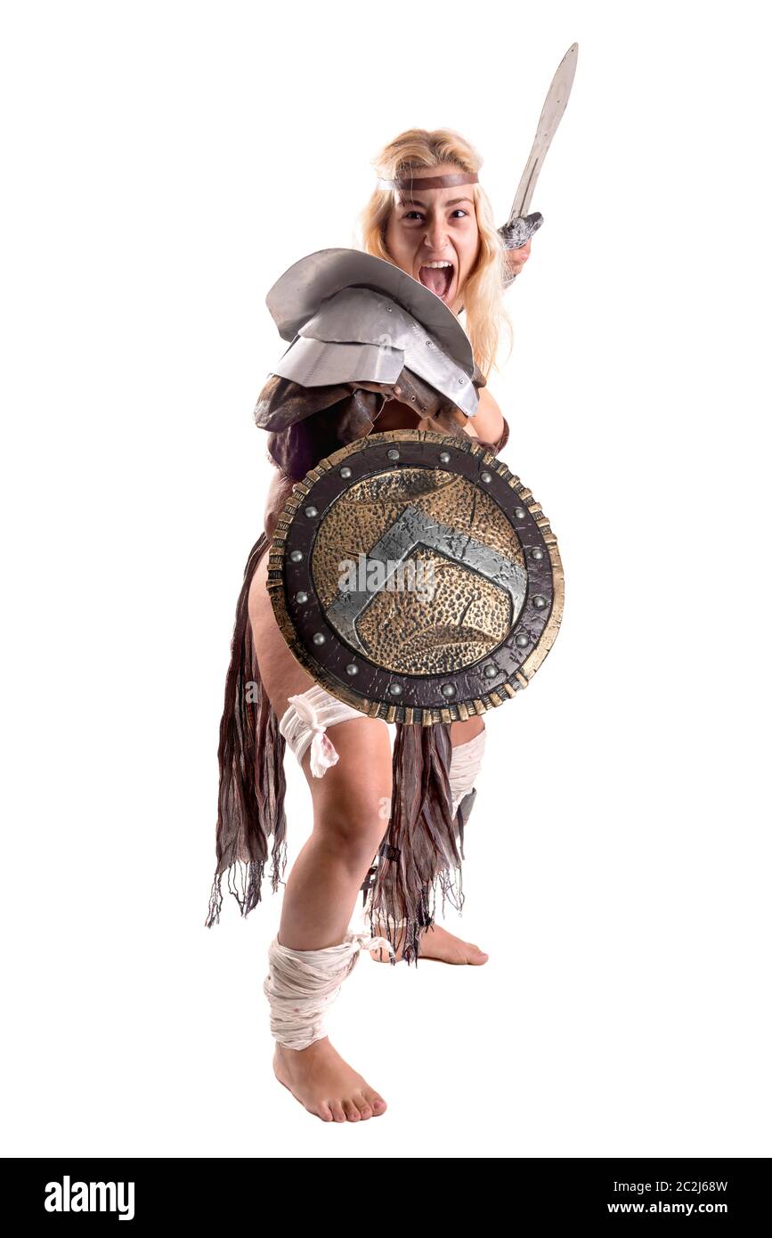 Ancient woman warrior or Gladiator posing with sword and shield ...