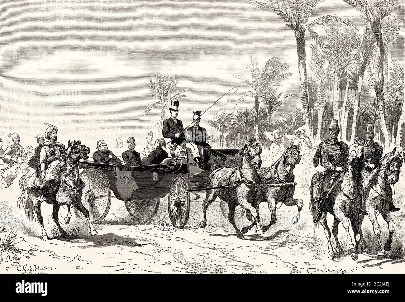 Muhammad Tewfik Pasha khedive of Egypt and Sudan, horse carriage ride through the city of Cairo, Egypt. Old 19th century engraved illustration, El Mundo Ilustrado 1880 Stock Photo