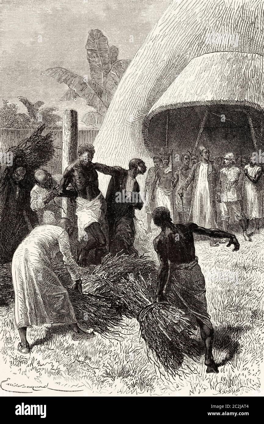 The prisoner Uavuma. Uganda, Central Africa. Journey to unexplored Africa, the mysterious continent by Henry Morton Stanley. Old 19th century engraved illustration, El Mundo Ilustrado 1880 Stock Photo