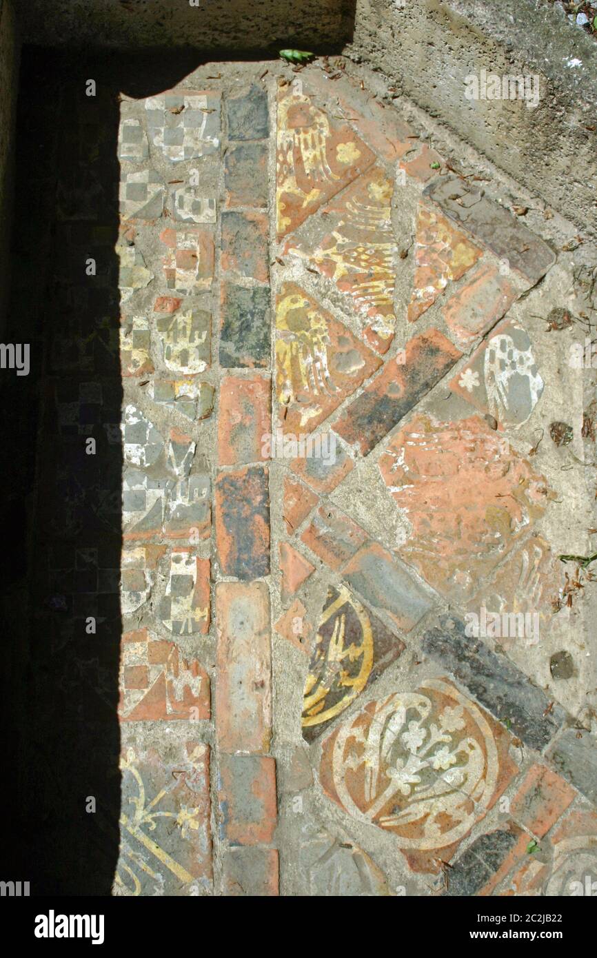 Medieval floor tiles from ruined abbey showing various design motifs such as birds, eagles, castles, shields, daffodils and possibly crocodiles. Deep Stock Photo