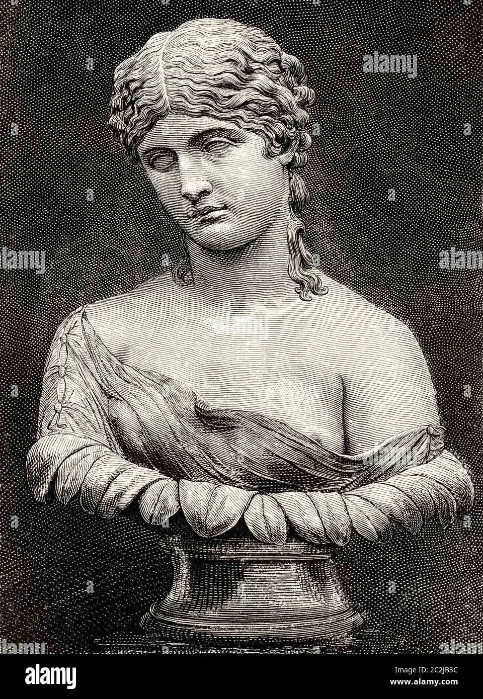 Greek mythology. Marble bust of Klytia nymph in love with Helios, she spied on him daily. The gods turned her into a heliotrope. Greek mythology, anciente Greece. Old 19th century engraved illustration, El Mundo Ilustrado 1880 Stock Photo