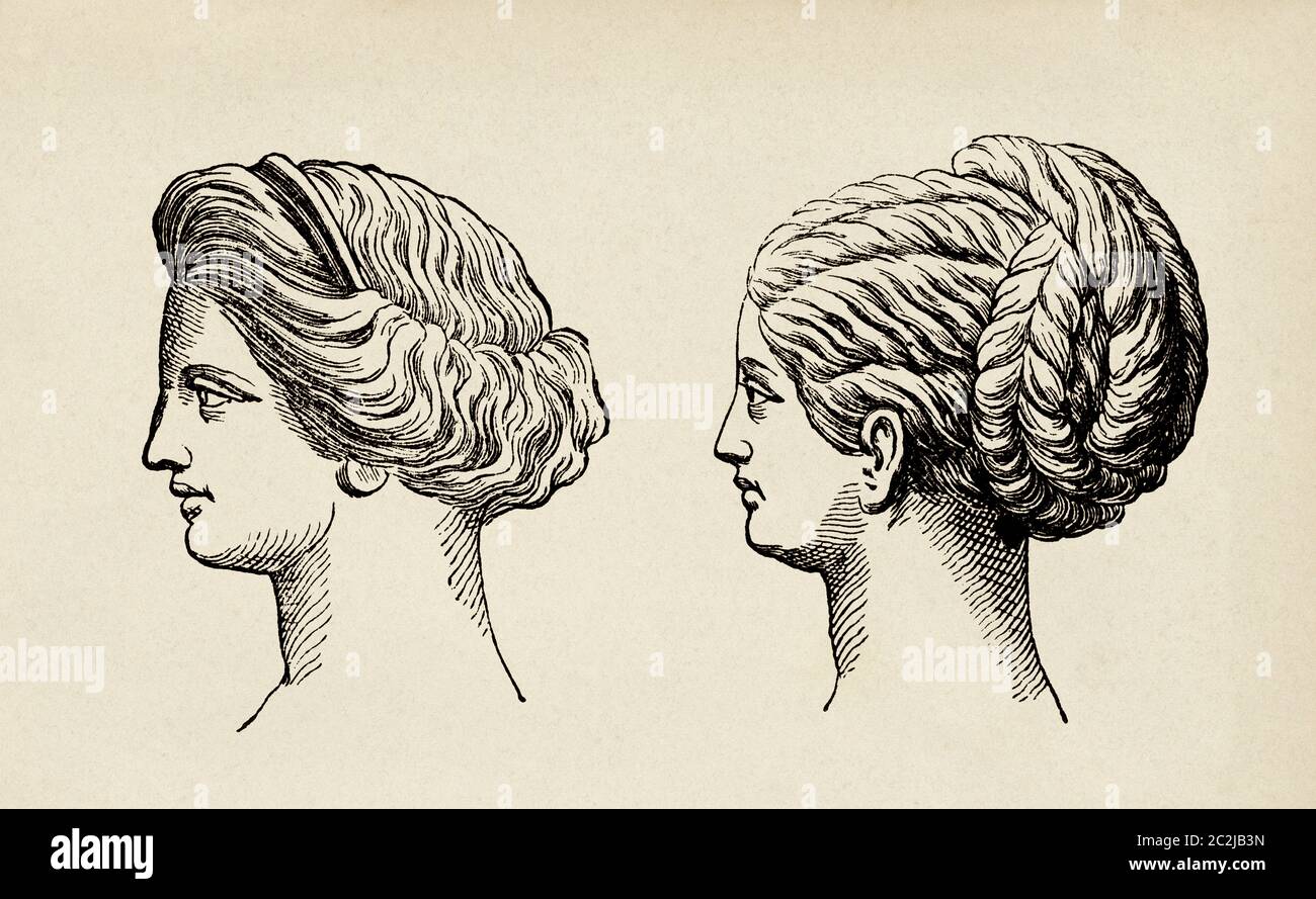 Greek hairstyles from Etruscan vases, Ancient Greece. Old 19th century  engraved illustration, El Mundo Ilustrado 1880 Stock Photo - Alamy