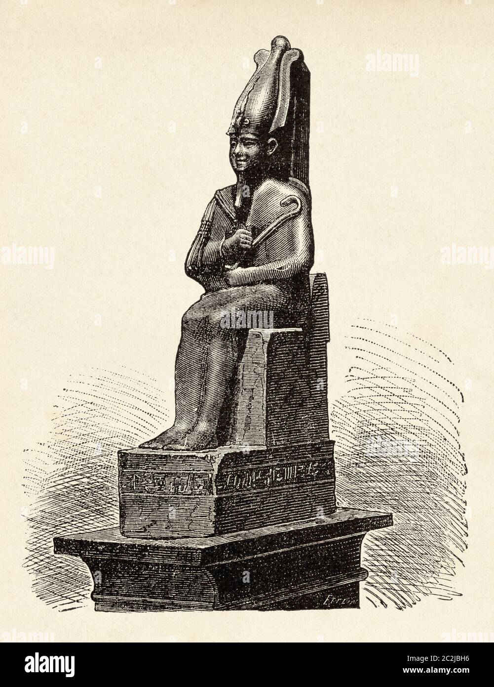 Sculpture of the ancient Egyptian god Osiris, Ancient Egypt. Old 19th century engraved illustration, El Mundo Ilustrado 1880 Stock Photo