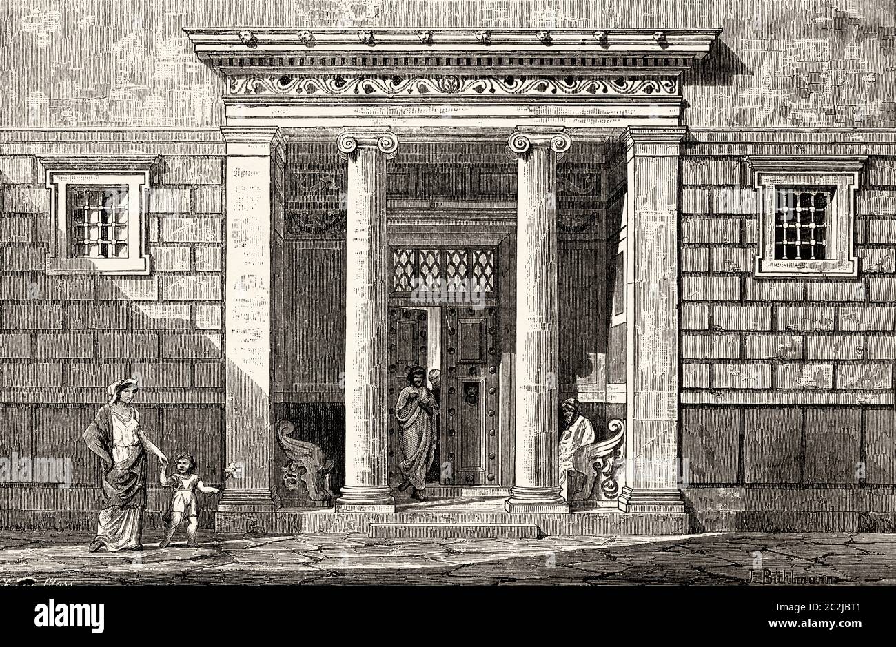 Entrance door house in the city of Athens. Ancient Greece. Old 19th century engraved illustration, El Mundo Ilustrado 1880 Stock Photo