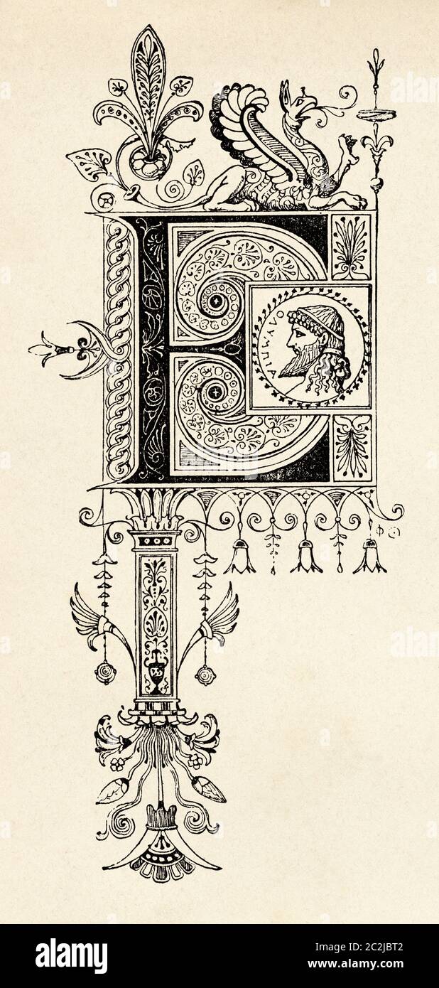 19th century design, Initial letter E. Old 19th century engraved illustration, El Mundo Ilustrado 1880 Stock Photo