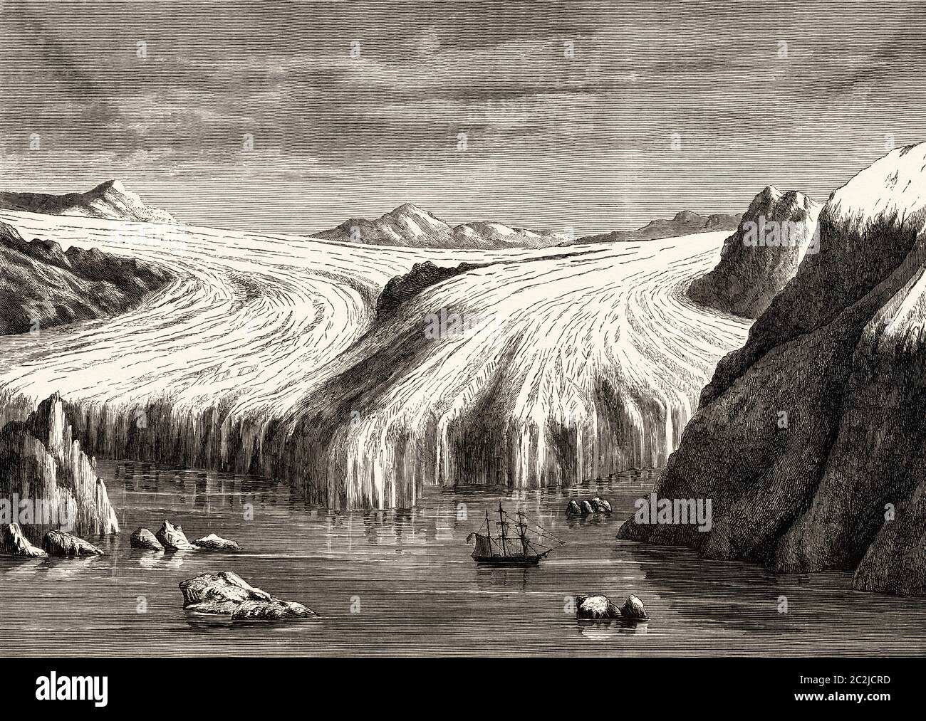 Panoramic view of a glacier leading to the sea in Greenland. Old 19th ...