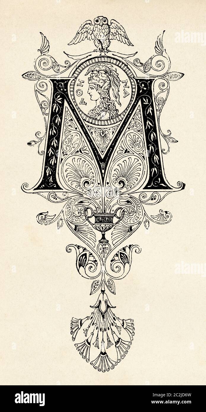 19th century design, Initial letter M. Old 19th century engraved illustration, El Mundo Ilustrado 1880 Stock Photo