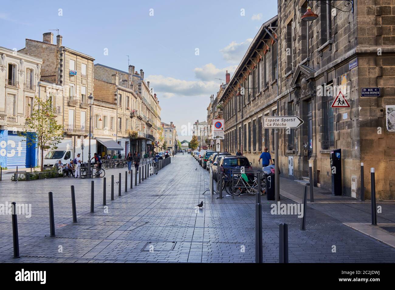 Meynard Plaza with cafes, bikes and pedestrians, Bordeaux City, France Stock Photo