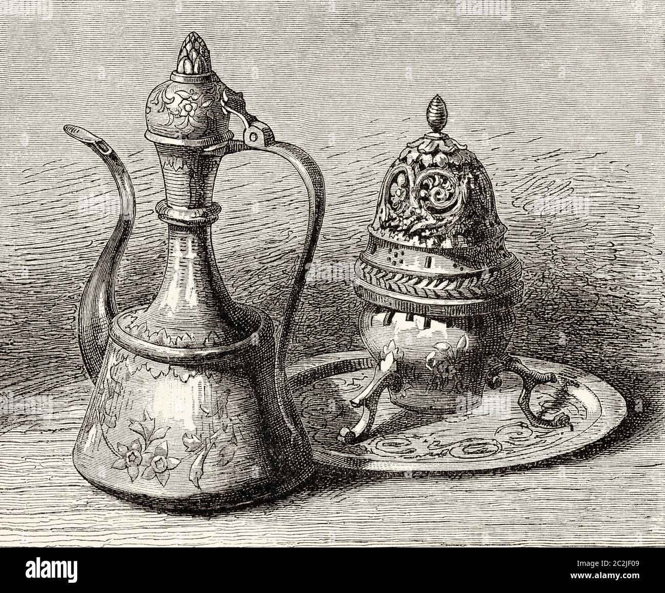 Arab metal containers, Ancient Egypt. Old 19th century engraved illustration, El Mundo Ilustrado 1880 Stock Photo