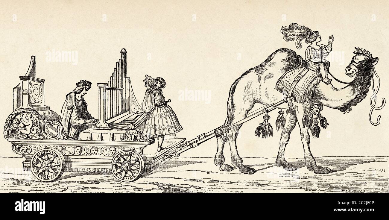 The organist Paul Hoffaner playing in a carriage drawn by a camel, by Albrecht Durer. Old 19th century engraved illustration, El Mundo Ilustrado 1880 Stock Photo