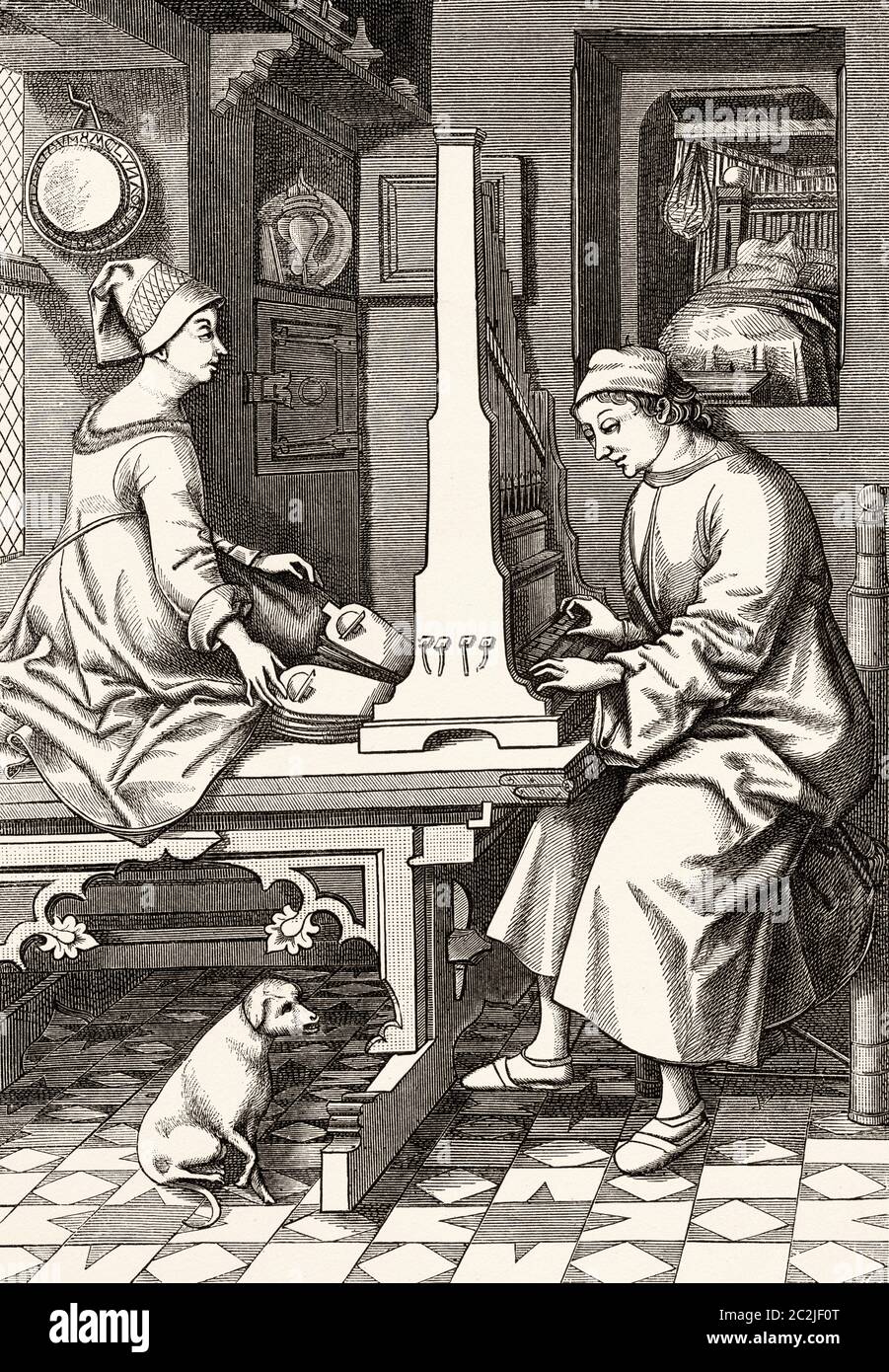 German musician executing a piece of music upon a portable organ, 15th century, by Israel van Mecken. Old 19th century engraved illustration, El Mundo Ilustrado 1880 Stock Photo