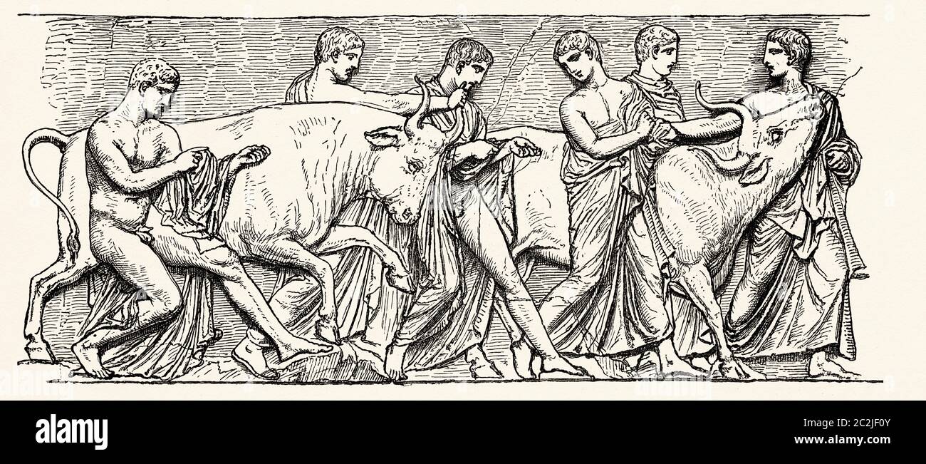 Panathenaic Procession . Procession at the Panathenaic Games. Young people bringing animals to be slaughtered. Cycle of religious, artistic and sports festivals, religious-political festival in ancient Athens dedicated to the goddess Athena, Ancient Greece. Old 19th century engraved illustration, El Mundo Ilustrado 1880 Stock Photo