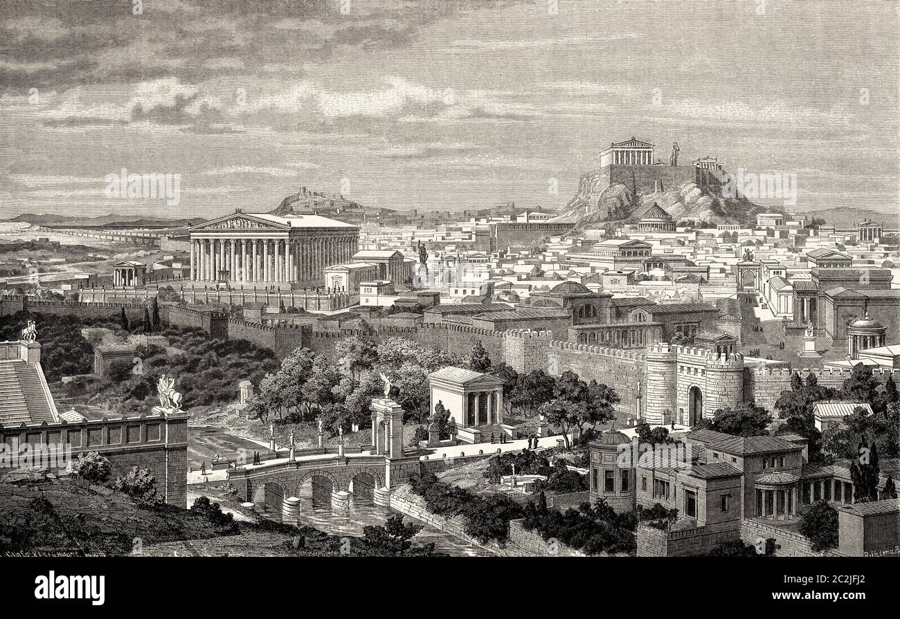 Artistic recreation landscape panoramic view of Athens, Greece at the time of the Emperor Hadrian, 1st and 2nd centuries AD, Ancient Greece. Old 19th century engraved illustration, El Mundo Ilustrado 1880 Stock Photo