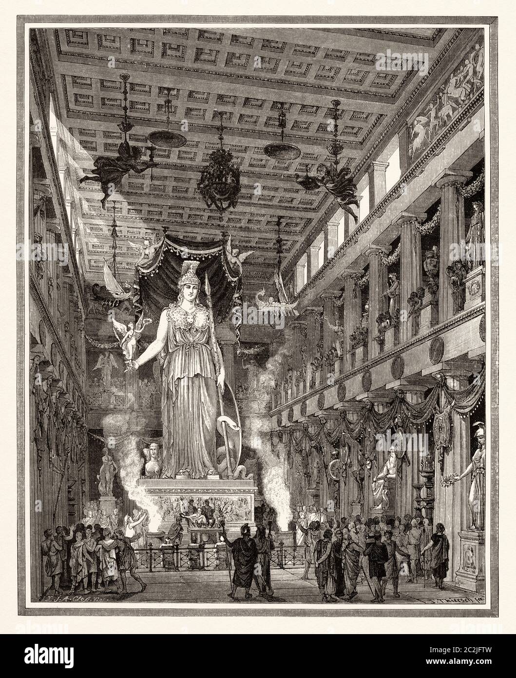 Artistic recreation of the Parthenon during the Classical period Statue of the Goddess Athena. Athens. Ancient Greece. Old 19th century engraved illustration, El Mundo Ilustrado 1880 Stock Photo