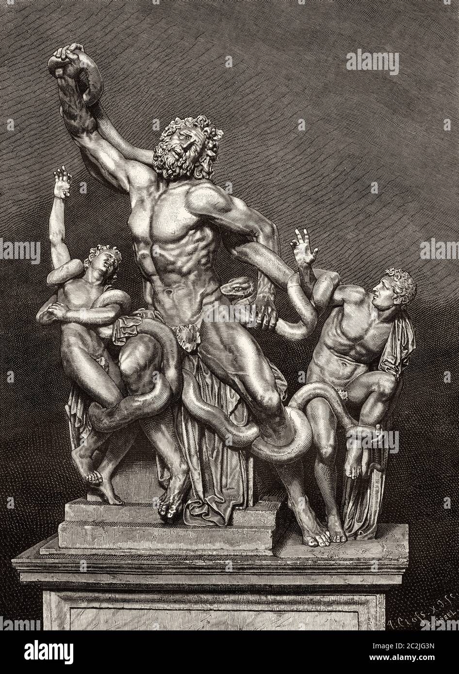 Laocoon and his Sons, attributed to sculptors Agesander, Athenodoros and Polydorus from Rhodes, Ancient Greece. Old 19th century engraved illustration, El Mundo Ilustrado 1880 Stock Photo