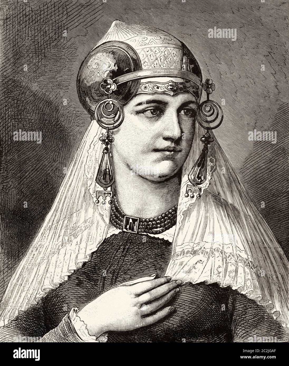 19th century woman dressed in the traditional clothing and ornaments of the dutch city of Vlaardingen The Netherlands. Old 19th century engraved illustration, El Mundo Ilustrado 1880 Stock Photo