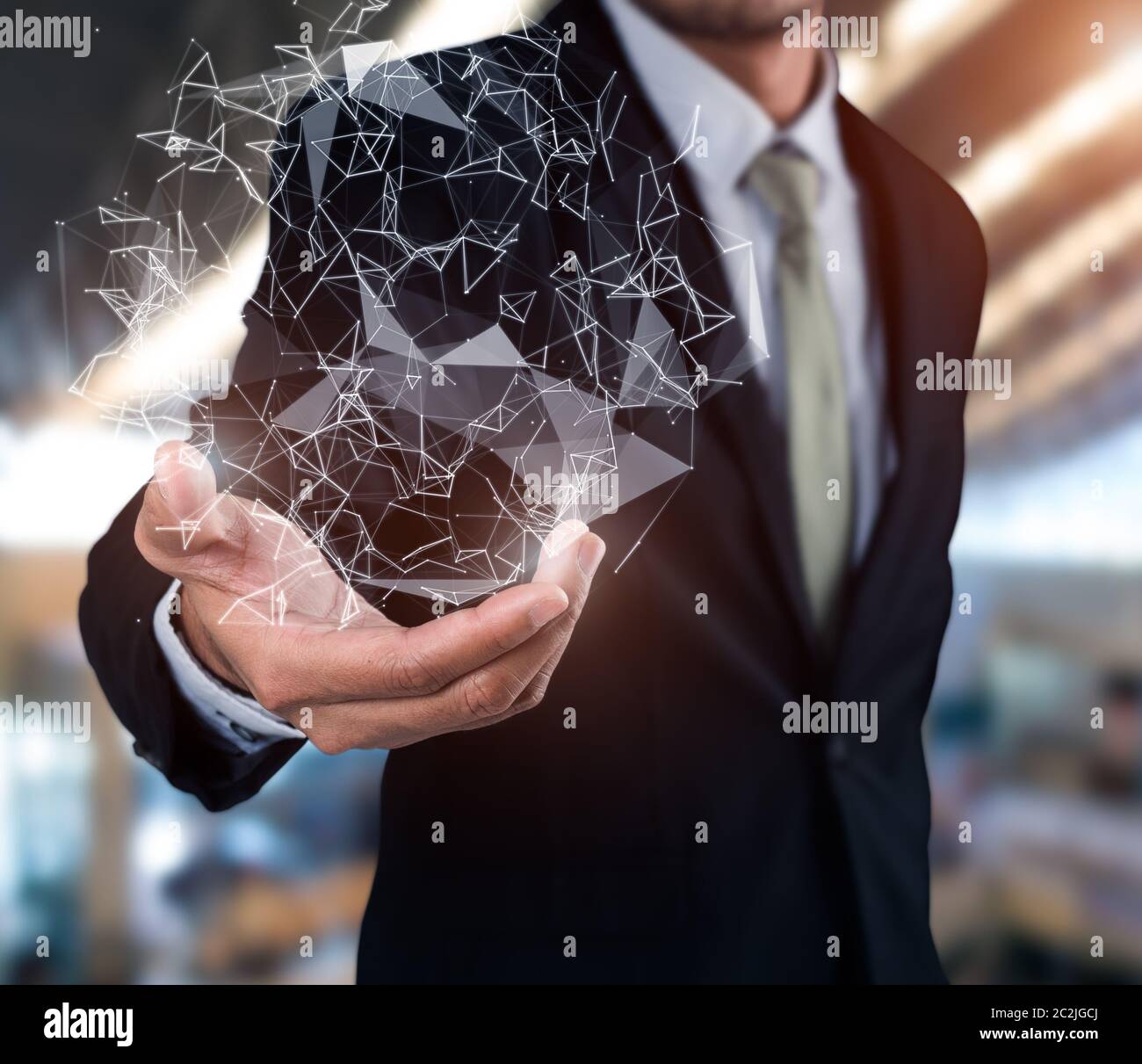 Businessman using flying network interface connection on blurred background Stock Photo