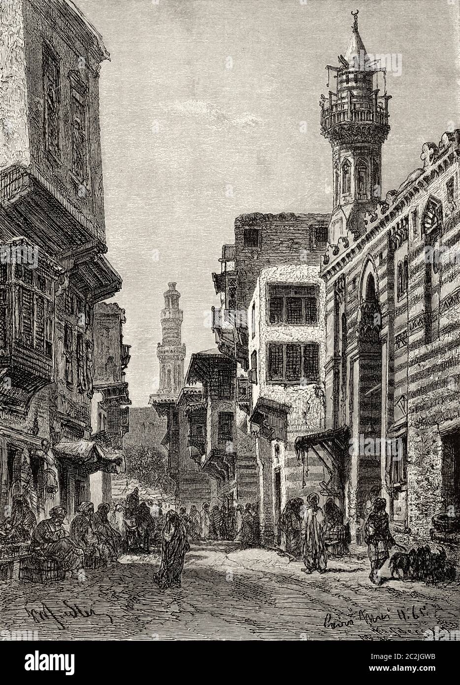 Everyday life. Street of Geb-el-Almar, Cairo, Ancient Egypt. Old 19th century engraved illustration, El Mundo Ilustrado 1880 Stock Photo