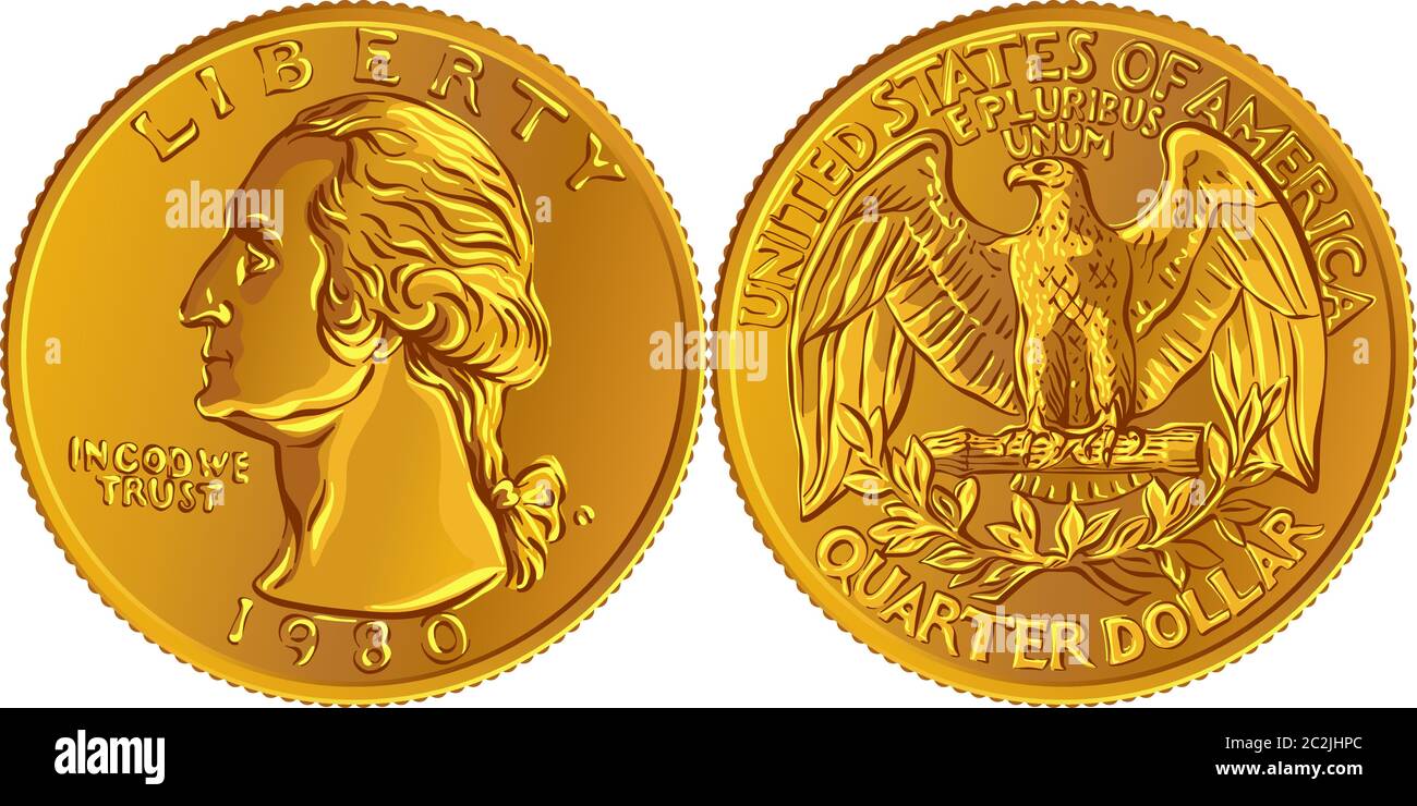 American money, Washington quarter dollar or 25-cent Gold coin, first US president George Washington on obverse, Bald eagle on reverse Stock Vector