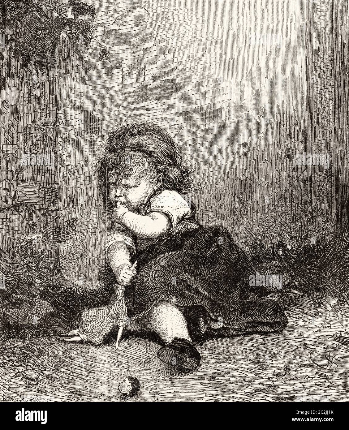 Small 19th century girl angry and sad about her broken toy doll. Old 19th century engraved illustration, El Mundo Ilustrado 1880 Stock Photo