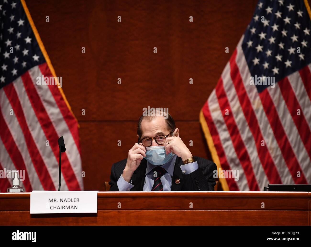 United States Representative Jerrold Nadler (Democrat of New York), Chairman, US House Judiciary Committee adjusts his face mask at a US House Judiciary Committee markup of H.R. 7120, the 'Justice in Policing Act of 2020,' on Capitol Hill in Washington, DC on Wednesday, June 17, 2020. The bill reforms policing in the United States and it includes provisions to stop police misconduct and the use of excessive force. Credit: Kevin Dietsch/Pool via CNP | usage worldwide Stock Photo