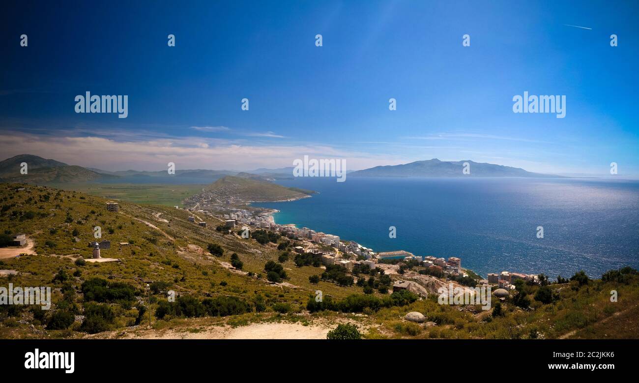 Landscape to the ionian sea from the top of Lekuresi Castle and military bunkers, Saranda, Albania Stock Photo
