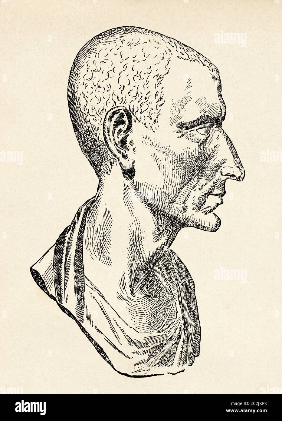 Gaius Julius Caesar or Gaius Julius Caesar (100-44 BC. ) Was a political and military Roman first century. C . member of the patricians Julios Césares, reached the highest magistrates of the Roman State and dominated the politics of the Republic after winning the civil war that confronted the most conservative sector of the Senate, Ancient Rome. Old 19th century engraved illustration, El Mundo Ilustrado 1880 Stock Photo