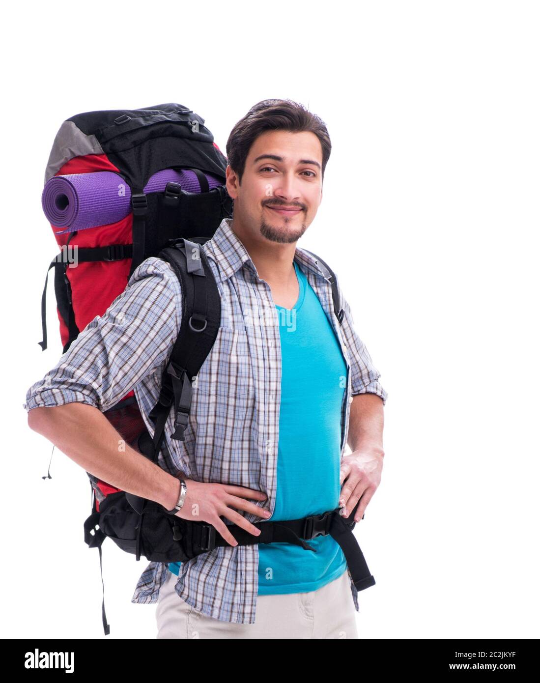 Backpacker with large backpack isolated on white Stock Photo - Alamy