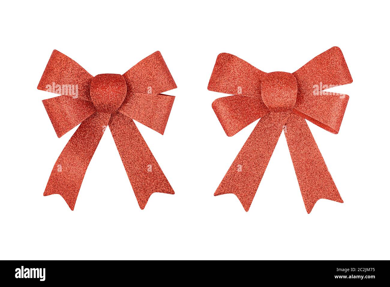 Set of red color decorative shiny glitter paper bow isolated Stock
