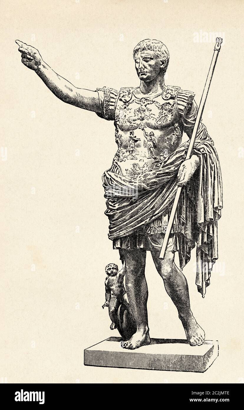 Portrait of Roman Emperor Augustus (63 BC – AD 14), first ruler of the Roman Empire. Italy, Ancient Rome. Old 19th century engraved illustration, El Mundo Ilustrado 1880 Stock Photo