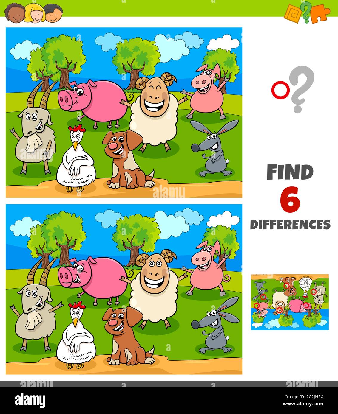 differences game with happy farm animal characters Stock Photo - Alamy