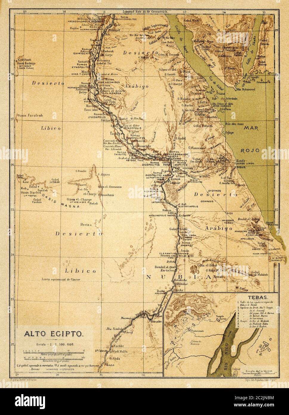 Map of Upper Egypt in the late 19th century, Ancient Egypt. Old 19th century engraved illustration, El Mundo Ilustrado 1880 Stock Photo