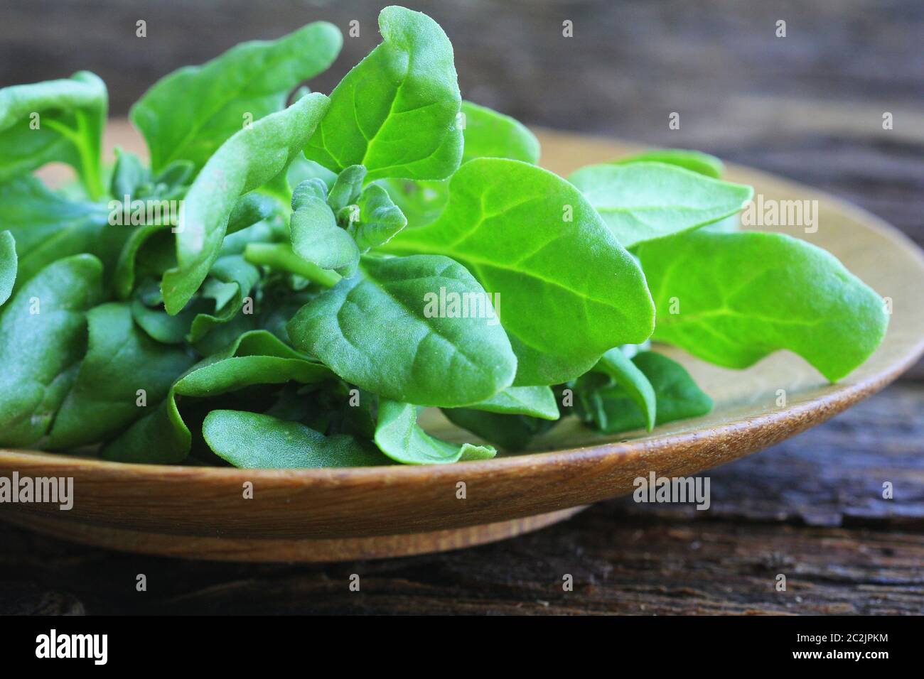Tetragonia tetragonioides, New Zealand spinach on wooden background . Stock Photo