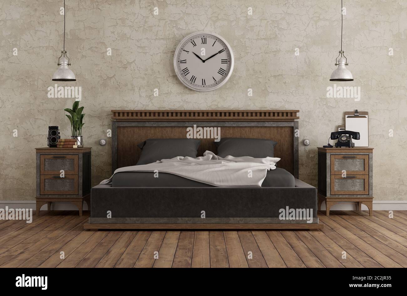 Master bedroom in vintage style with double bed and bedside tables