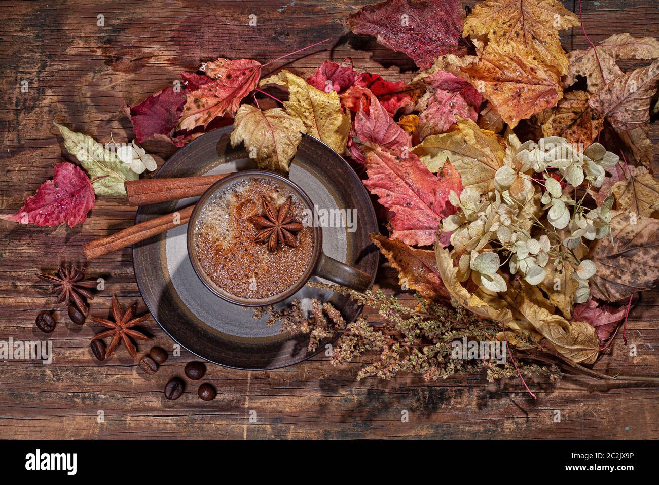 Autumn Leaves And Cup Of Coffee Stock Photo - Alamy