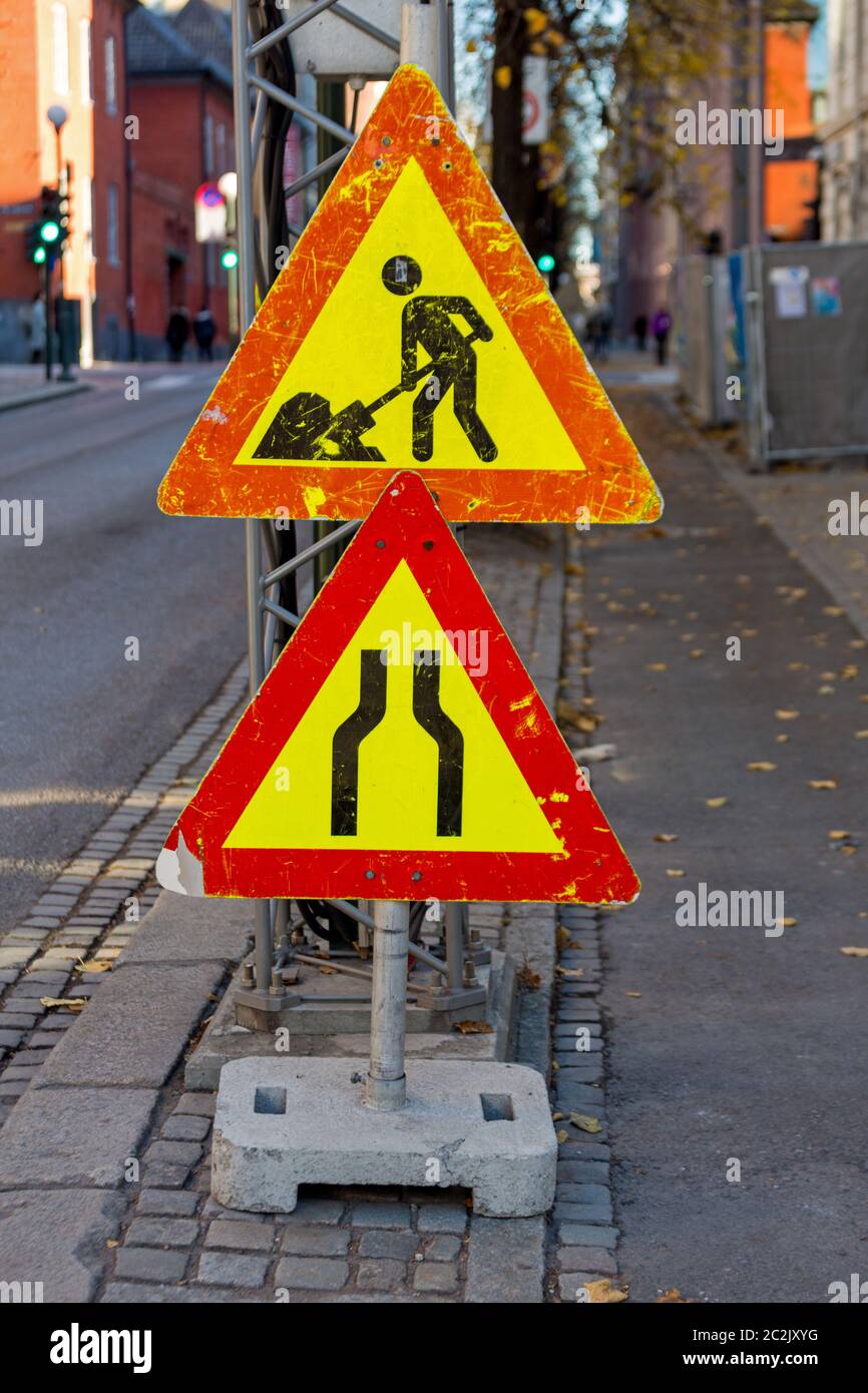 Temporary Traffic Sign Pole For Road Works in City Stock Photo - Alamy